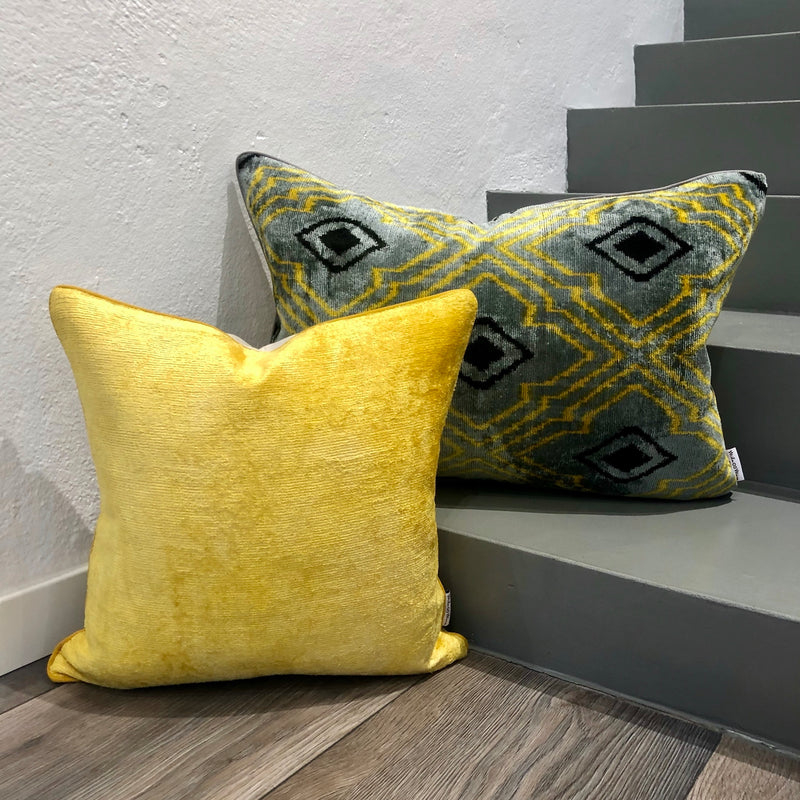 Velvet Ikat Pillow Yellow Vibes with yellow cushion