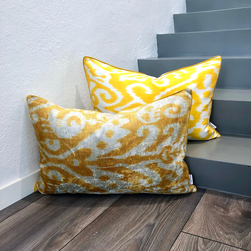 Velvet Ikat Pillow Solstice on stairs