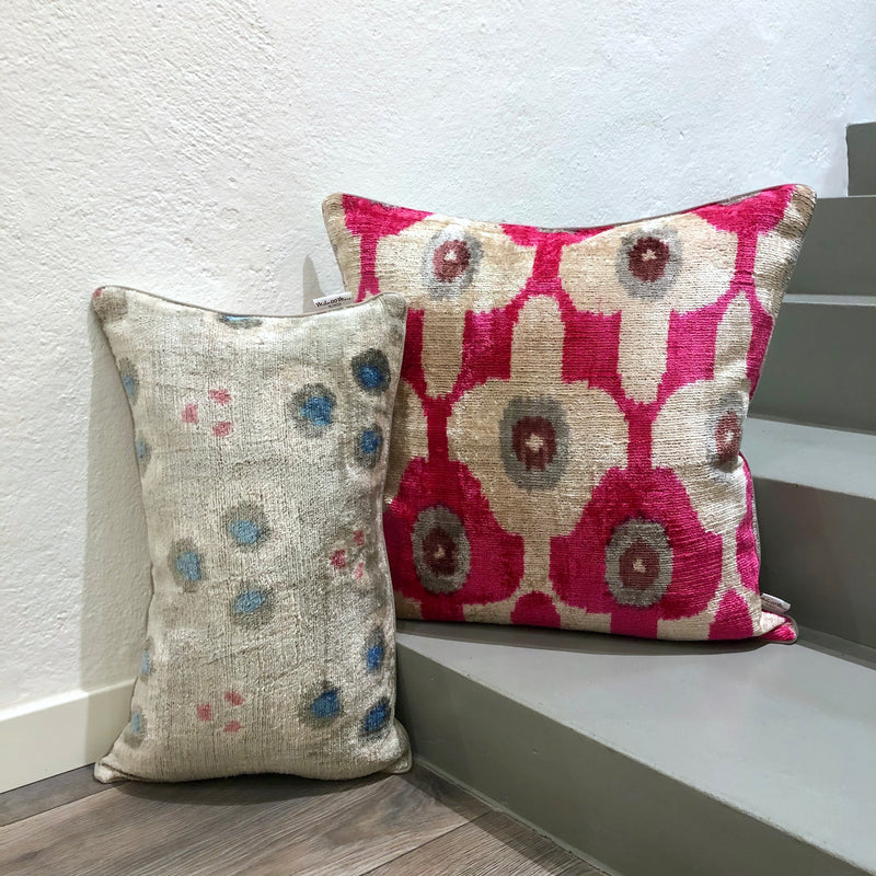 Velvet Ikat Pillow Sapphire with pink cushion