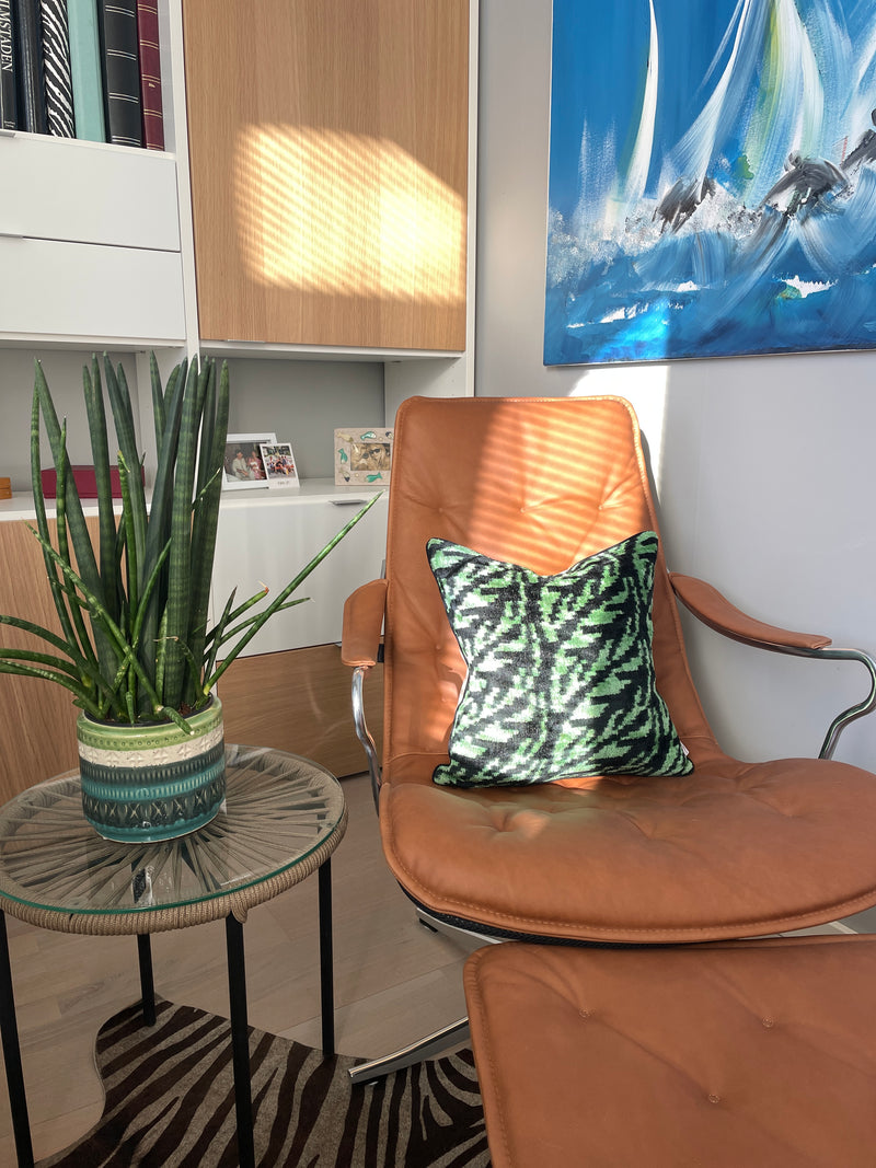 Velvet Ikat Cushion Tropical Leaves on chair