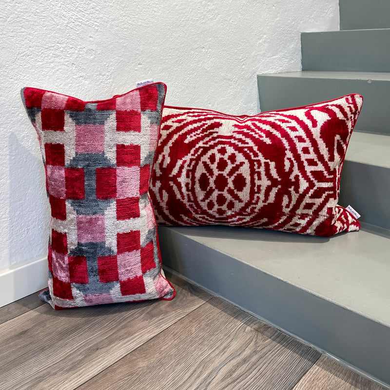 Velvet Ikat Pillow Holism with with other pillow on stairs
