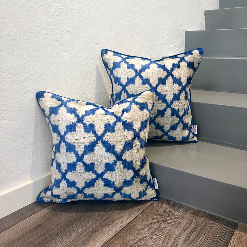 Velvet Ikat Cushions Blue Flowers on stairs