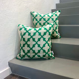 Velvet Ikat Cushions Green Flowers on stairs