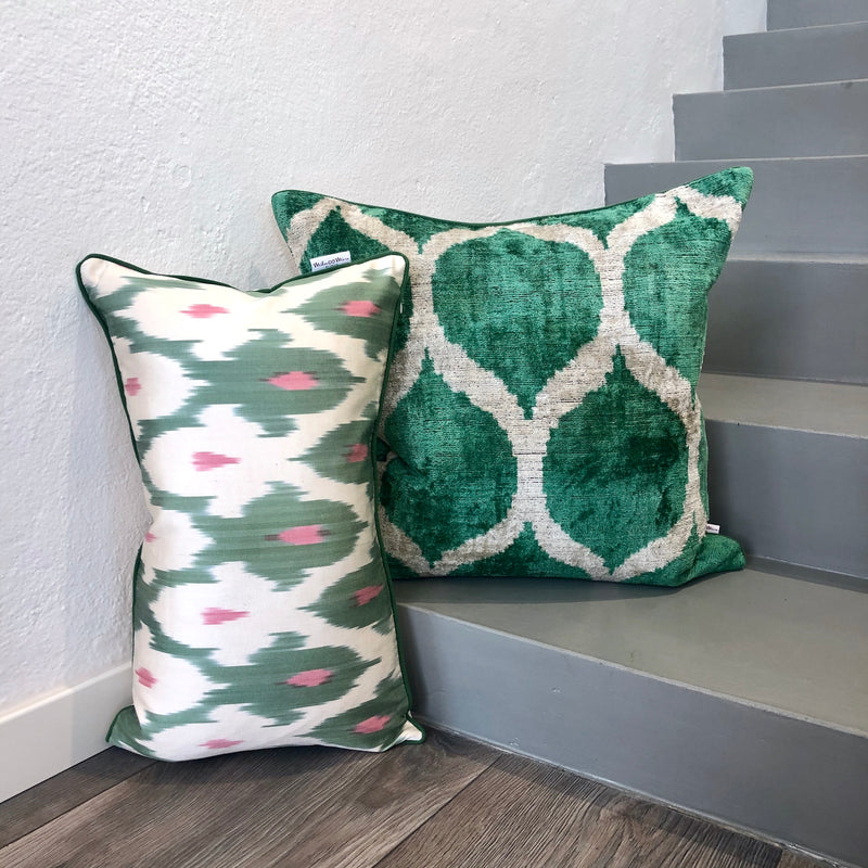 Velvet Ikat Cushion Green Valley with another pillow