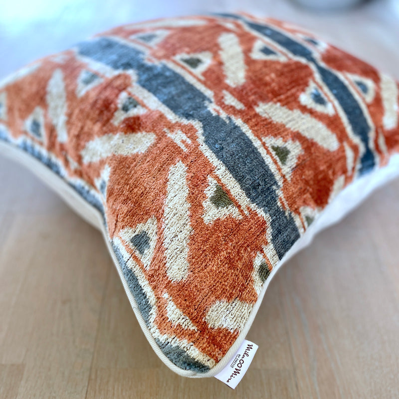 Velvet Ikat Cushion Glacier with Piping
