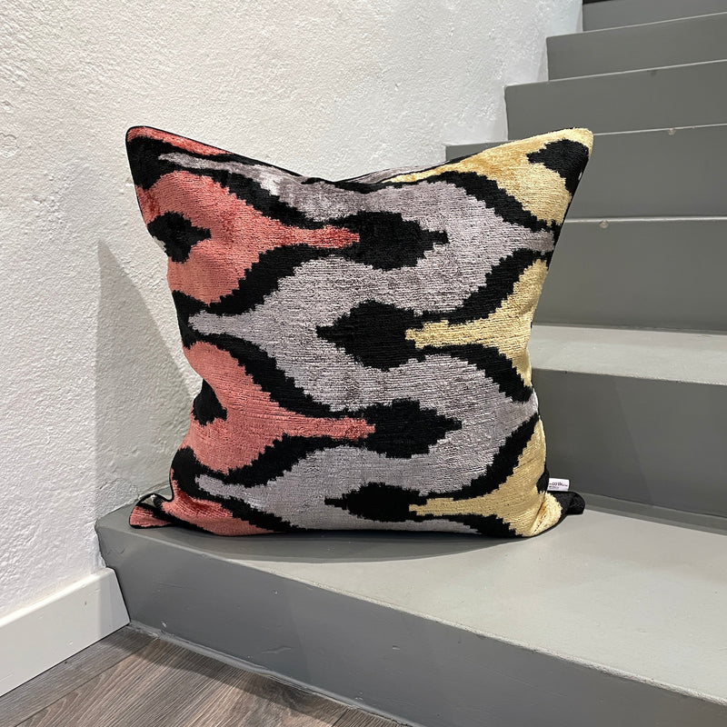 Velvet Ikat Cushion Flames | Front angle view
