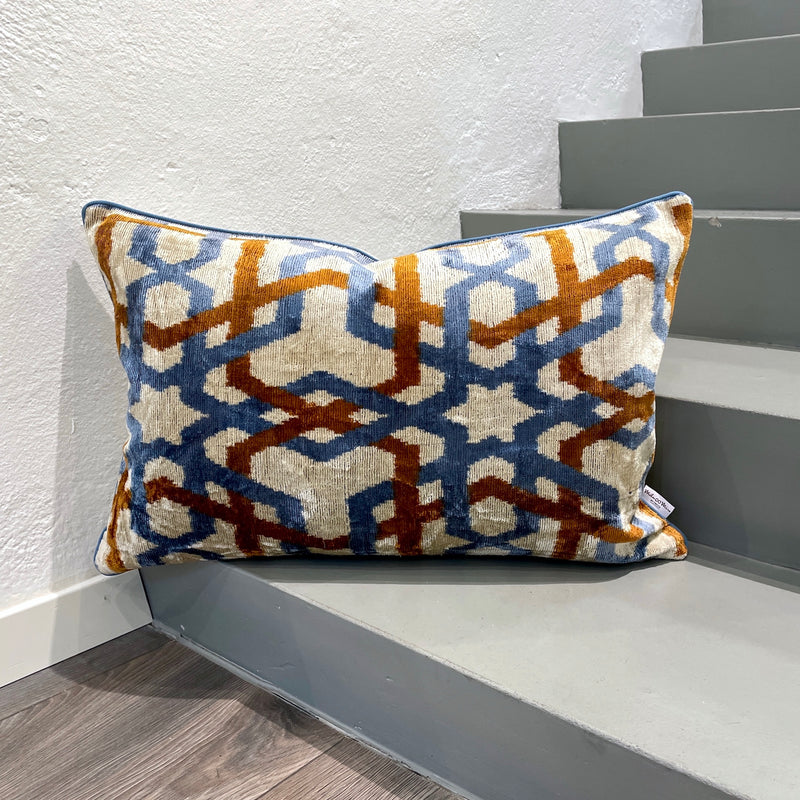 Velvet Ikat Pillow Arabesque Blue |  Front angle view
