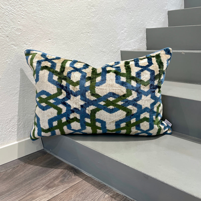 Velvet Ikat Pillow Arabesque Green | Front angle view