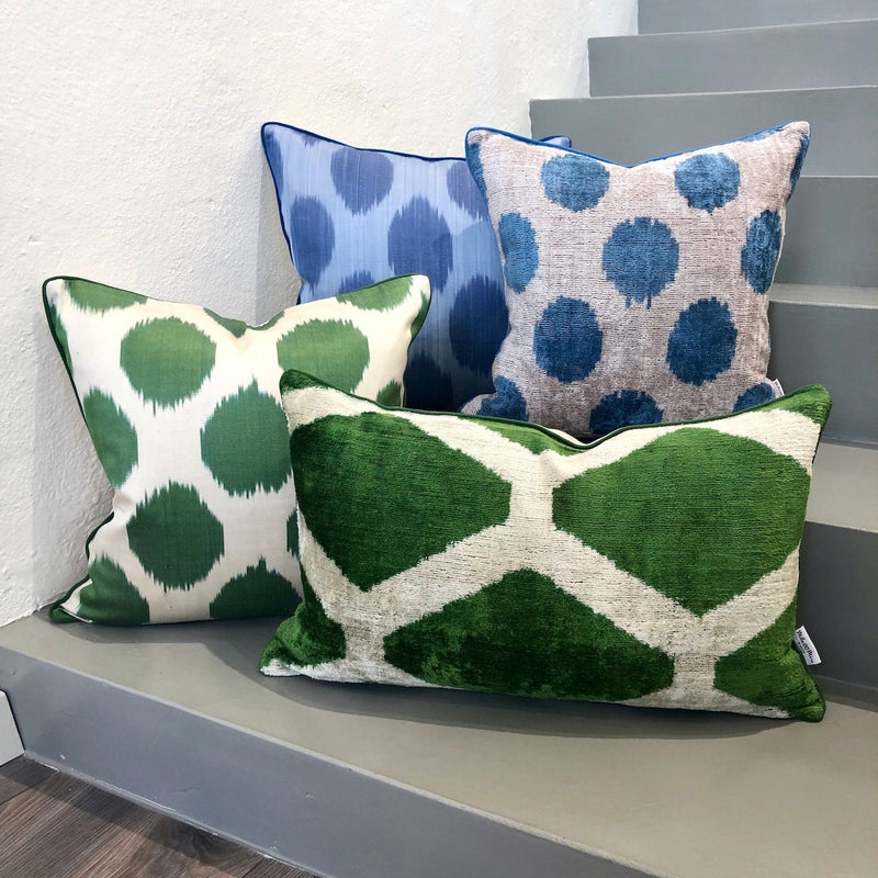 Silk Ikat Cushion in Green and Blue Color Dots 