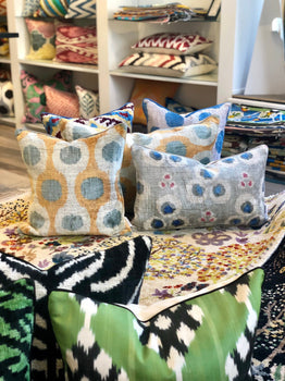 Velvet Ikat Pillow Sapphire with other cushions