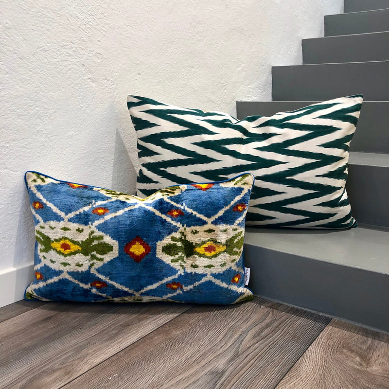 Hand-embroidered Zigzag Silk Ikat Pillow  