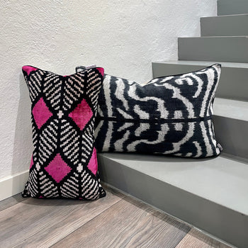 Velvet Ikat Pillow Zebra on stairs